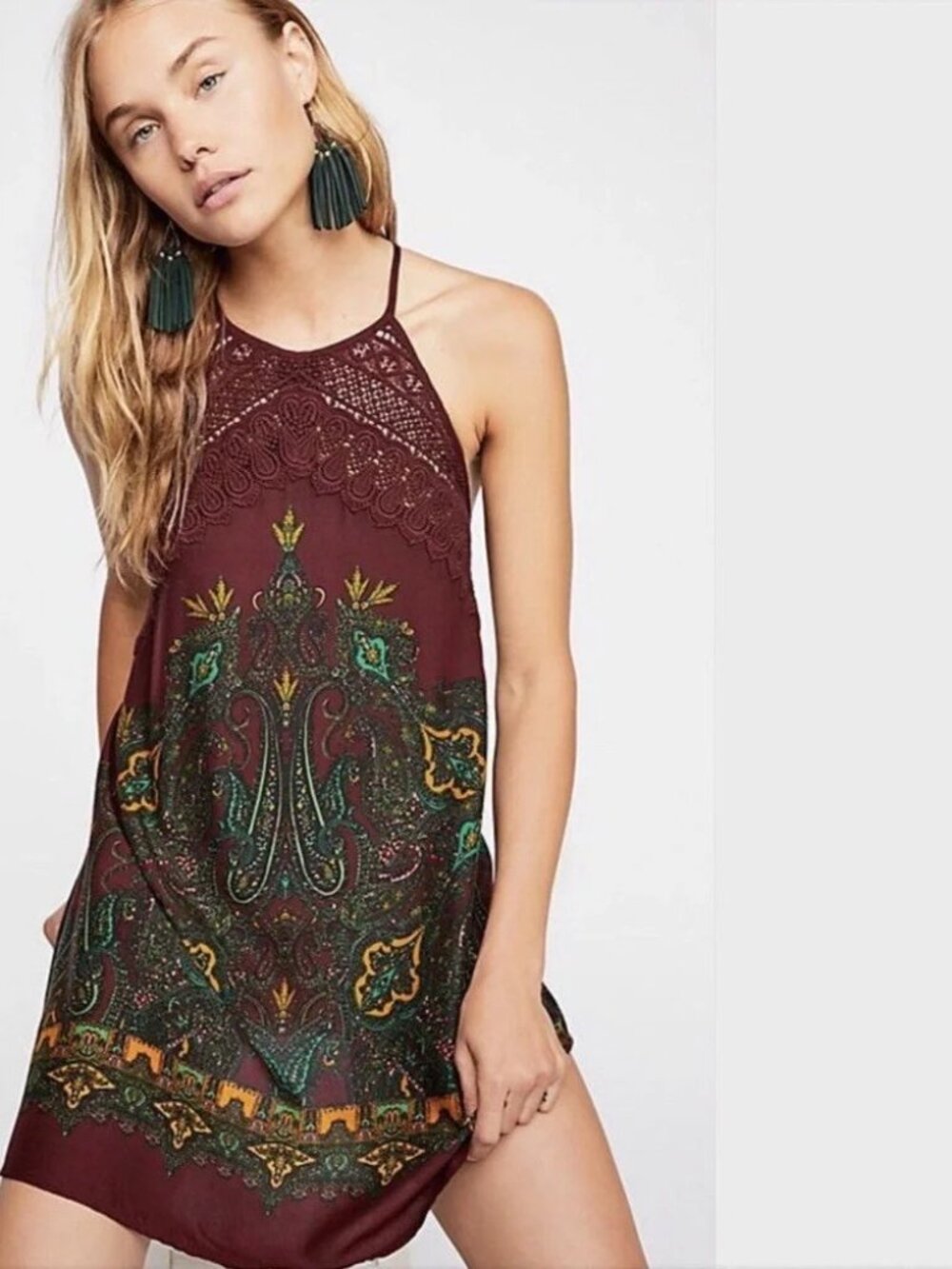 Free People Shea Mini Halter Paisley Print Mini Dress Size Large